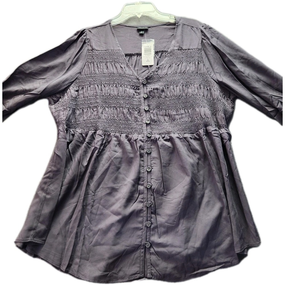 NWT Torrid Challis‎ Top 2X Gray Smocked Flowy Babydoll Boho Feminine 3/4 Sleeve